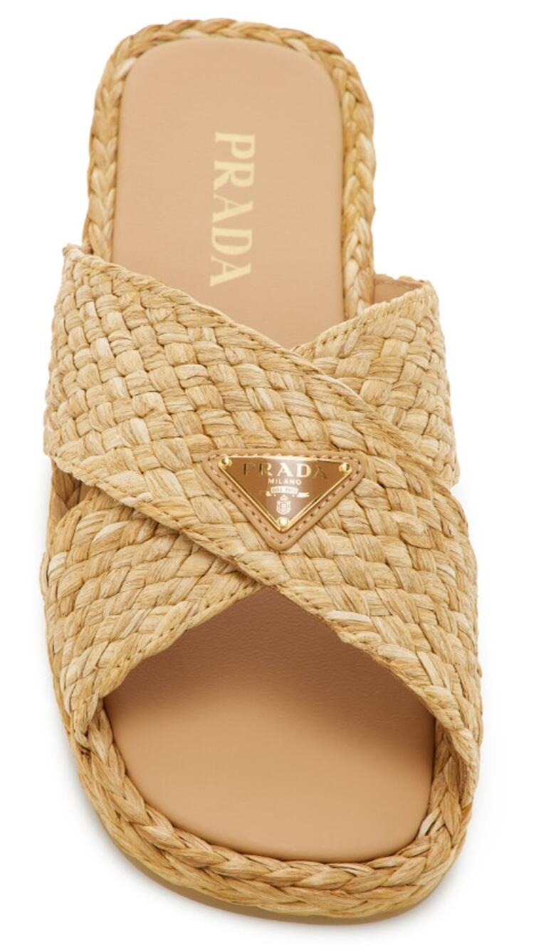 Prada Raffia Criss Cross Slide Sandal Neutral Logo Emblem Size 39 / US 9 Luxury